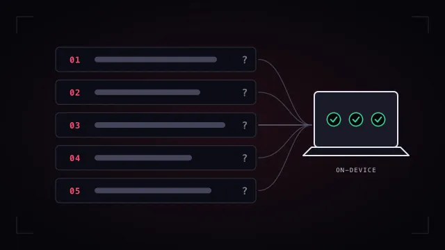 Five numbered question cards, each connected to a single laptop that answers them on the device.